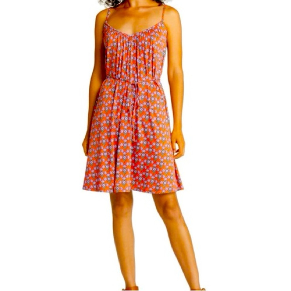 BODEN Orange “Firecracker” Blue Poppy Floral Tie Waist Jersey Dress